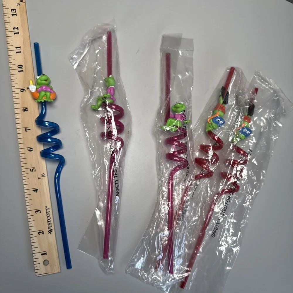 Vintage Lot Of 5 Frog Twirly Straws 4 New And 1 Open Box Birthday Party Fun